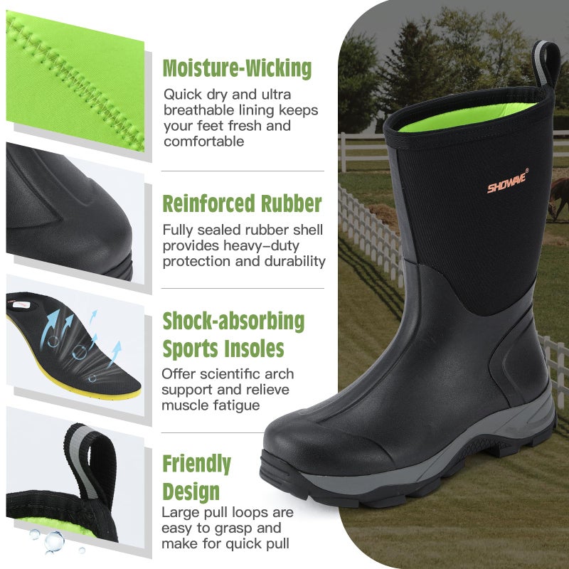 Showave Men's Rubber Boots Durable Waterproof Insulated Rain Boot Neoprene Heavy-duty Mud Outdoor Garden Working Hunting Boots(Black 12) - Image 5