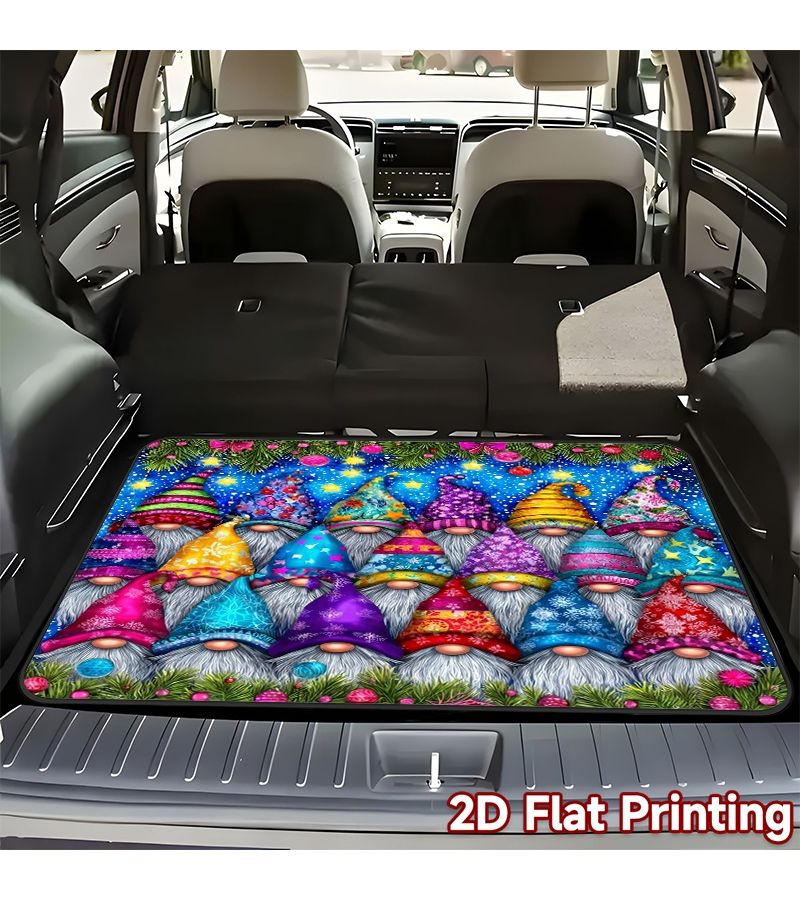 1 قطعة حصيرة صندوق السيارة المطبوعة بتقنية ثنائية الأبعاد بحجم 75×100 سم مع تصميم الجنوم الملون للاستخدام في العطلات مناسبة لجميع موديلات السيارات - Image 1