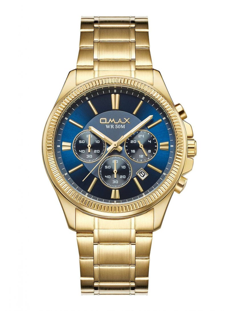 Omax Men's Chronograph Wrist Watch, Gold-Tone with Blue Dial - Image 1