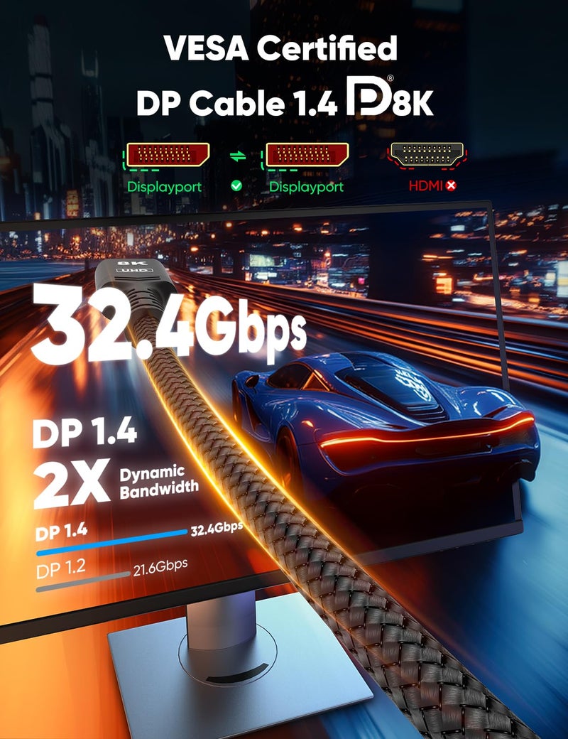 Capshi 8K 4K DisplayPort Cable 1.4, 10FT DP Cord (VESA Certified, 8K@60Hz, 4K@144Hz, 2K@240Hz/165Hz), 32.4Gbps High Speed Display Port Cable for Gaming Monitor, HDR/FreeSync/G-Sync, Braided, Black - Image 3