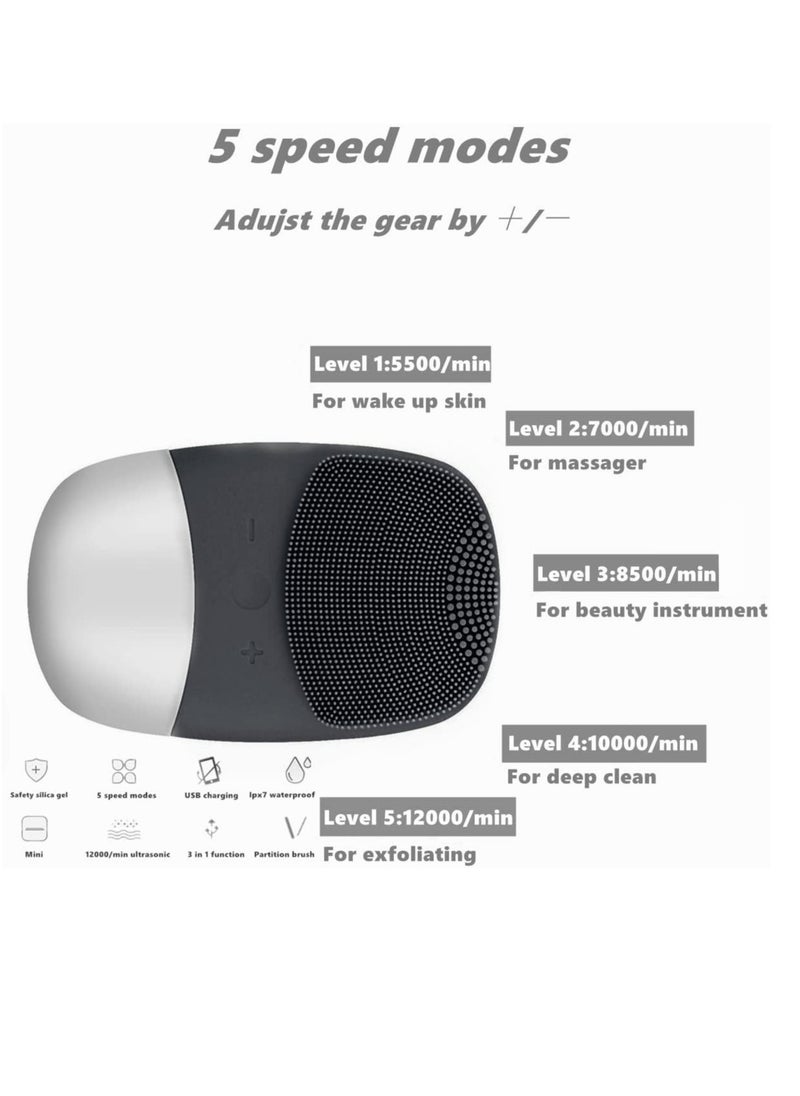 Megan MEGAN Facial Cleansing Brush,USB Rechargeble Electric Silicone Face Scrubber,IPX7 Waterproof Sonic Facial Massager, 3 in 1 face Brush for Deep Cleanning, Blackhead Remover, Exfoliating.（Black）  - Image 2