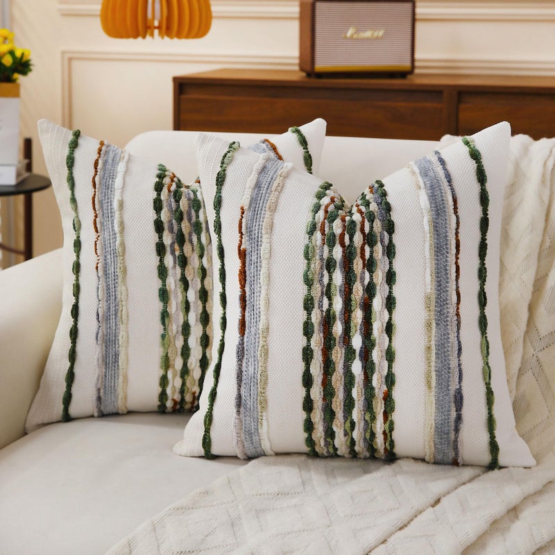 KOOLIFE Boho Striped Throw Pillow Covers 18x18 Inch Set of 2 Farmhouse Square Decorative Pillow Covers Chenille Tufted Accent Neutral Pillowcase Green Cushion Cover for Living Room Couch Sofa Bed - Image 2