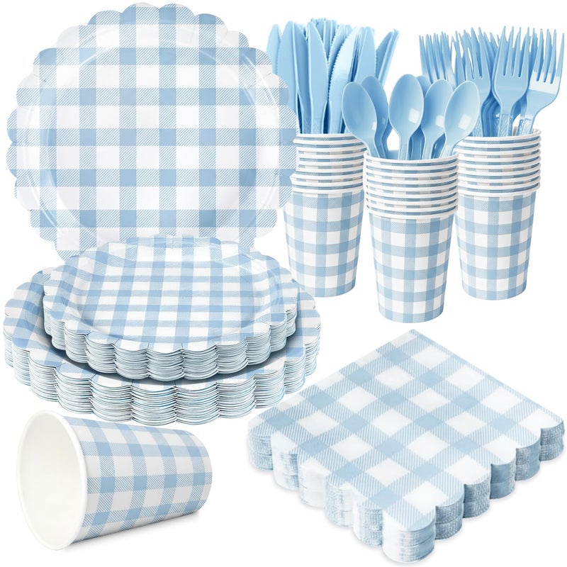 QIYANPAX 175 PCS Blue Gingham Party Supplies Includes Light Blue Gingham Paper Plates, Cups, Napkins, Cutlery for Wedding Bridal Shower Birthday Baby Shower Party Decorations, Serves 25 - Image 1