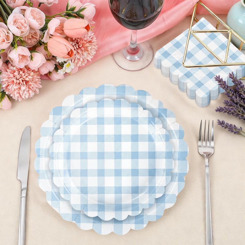 QIYANPAX 175 PCS Blue Gingham Party Supplies Includes Light Blue Gingham Paper Plates, Cups, Napkins, Cutlery for Wedding Bridal Shower Birthday Baby Shower Party Decorations, Serves 25 - Image 4