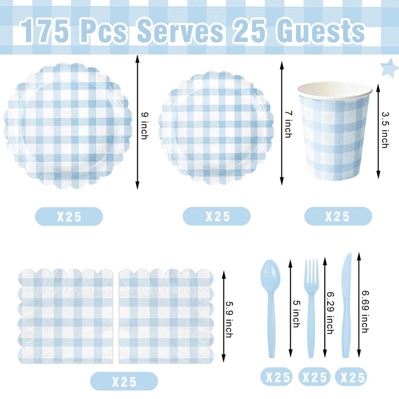 QIYANPAX 175 PCS Blue Gingham Party Supplies Includes Light Blue Gingham Paper Plates, Cups, Napkins, Cutlery for Wedding Bridal Shower Birthday Baby Shower Party Decorations, Serves 25 - Image 2