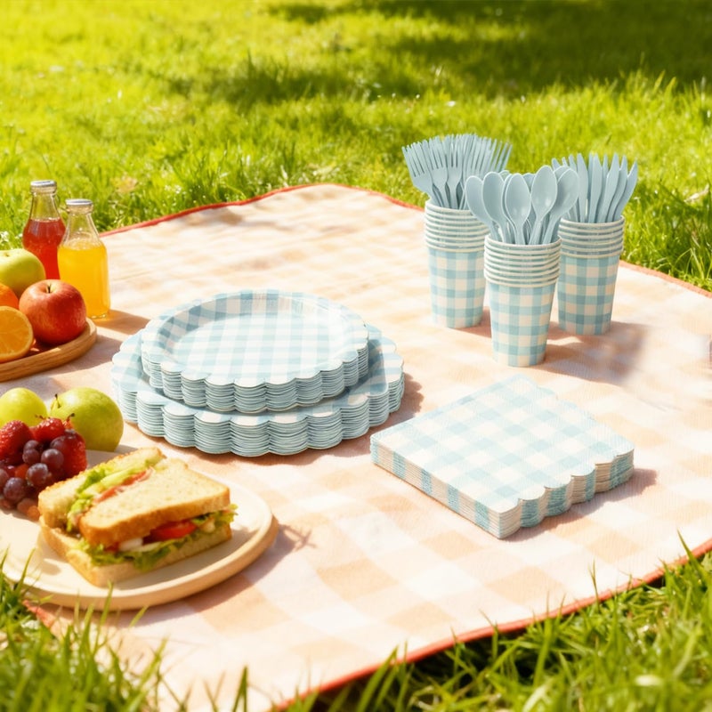 QIYANPAX 175 PCS Blue Gingham Party Supplies Includes Light Blue Gingham Paper Plates, Cups, Napkins, Cutlery for Wedding Bridal Shower Birthday Baby Shower Party Decorations, Serves 25 - Image 5