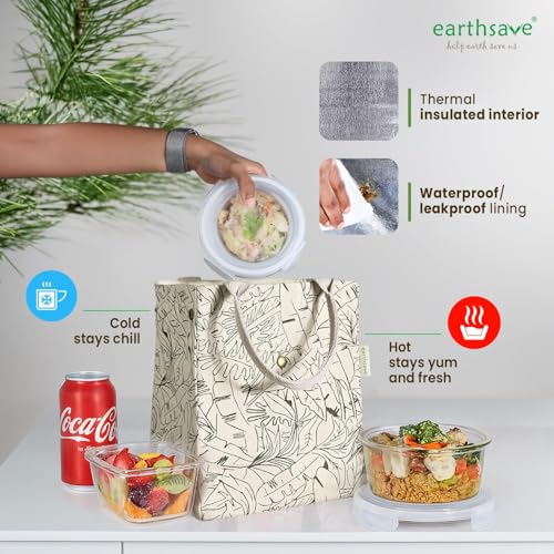 earthsave Insulated Lunch Bag for Office Women & Men (Off White & Olive Green) |Eco-Friendly Canvas Tiffin Bags for School, Cotton Drawstring for Kids| Cloth Box Bags | Small Lunch Bag - Image 5