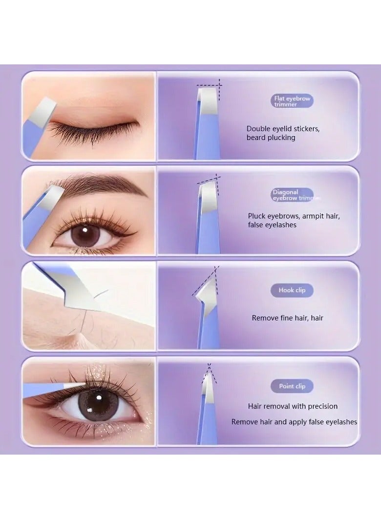 Rozino 4pcs Stainless Steel Tweezers Set - Precision Eyebrow & Lash Clips, Rust-Resistant Makeup Tools for Perfect Plucking - Image 3