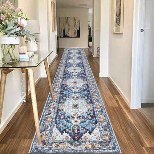 UArtlines 2 x 14 Long Boho Hallway Runner Rug Non Slip Washable Vintage Farmhouse Accent Area Rug Carpet for Kitchen Entryway Laundry and Living Room Blue