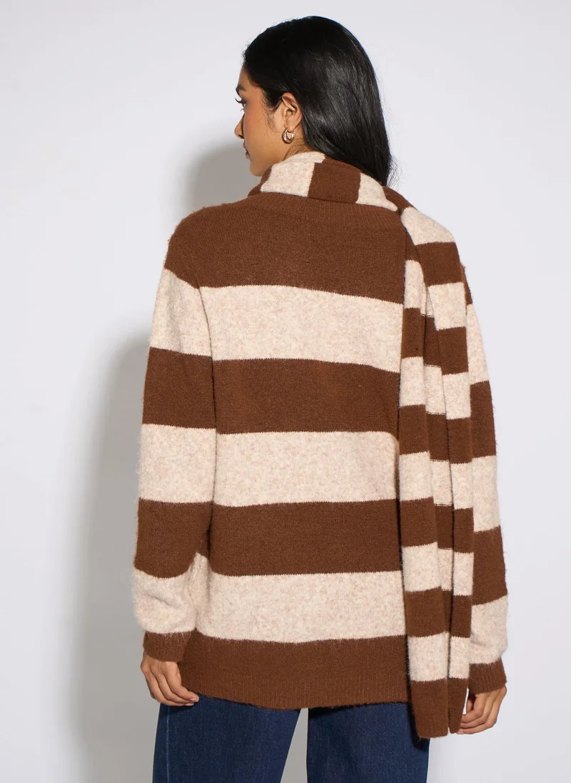 Gini London Brown Stripe V Neck Scarf Jumper