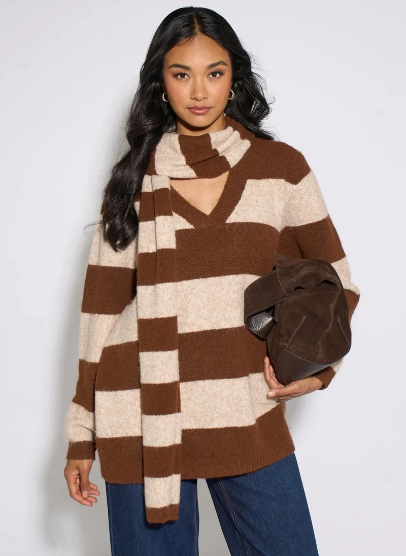 Gini London Brown Stripe V Neck Scarf Jumper