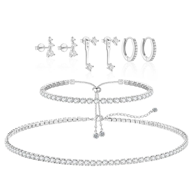 Paxuan Tennis Necklace Bracelet for Women Silver Necklace Bracelet Earrings Jewelry Set for Women Party Prom Wedding Jewelry for Bride Bridesmaids Cubic Zirconia Tennis Choker Necklace Link Bracelet Stud Earrings Jewelry Set Accessories - Image 1
