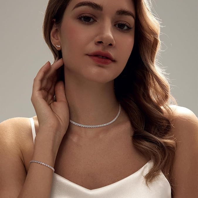 Paxuan Tennis Necklace Bracelet for Women Silver Necklace Bracelet Earrings Jewelry Set for Women Party Prom Wedding Jewelry for Bride Bridesmaids Cubic Zirconia Tennis Choker Necklace Link Bracelet Stud Earrings Jewelry Set Accessories - Image 2