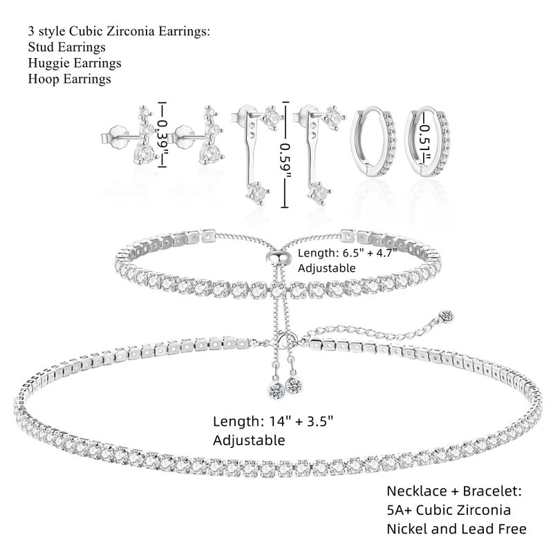 Paxuan Tennis Necklace Bracelet for Women Silver Necklace Bracelet Earrings Jewelry Set for Women Party Prom Wedding Jewelry for Bride Bridesmaids Cubic Zirconia Tennis Choker Necklace Link Bracelet Stud Earrings Jewelry Set Accessories - Image 5