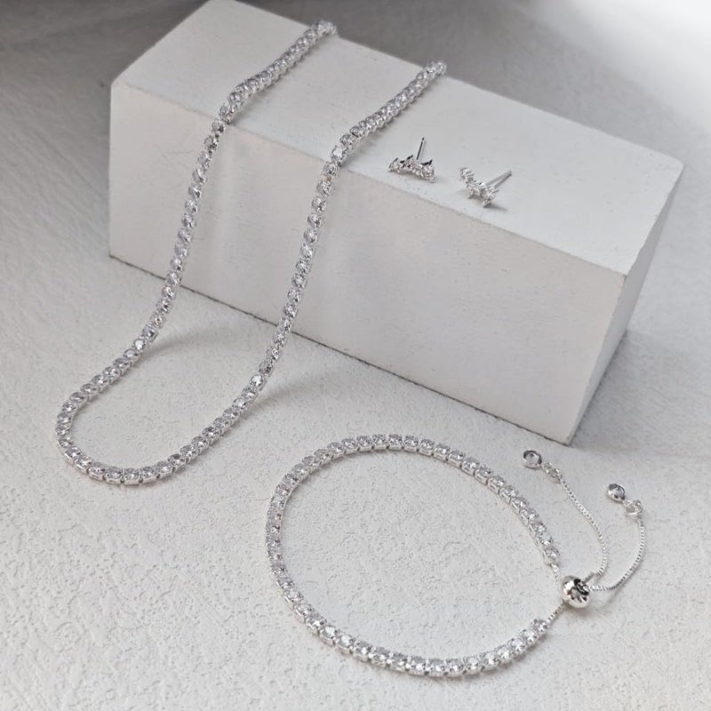 Paxuan Tennis Necklace Bracelet for Women Silver Necklace Bracelet Earrings Jewelry Set for Women Party Prom Wedding Jewelry for Bride Bridesmaids Cubic Zirconia Tennis Choker Necklace Link Bracelet Stud Earrings Jewelry Set Accessories - Image 4