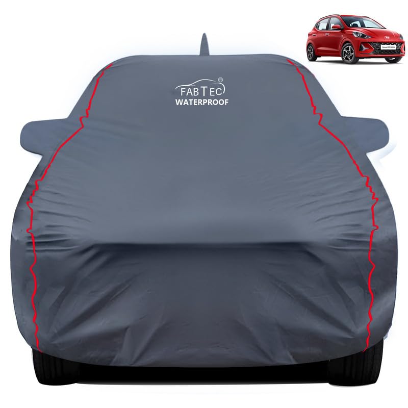 FABTEC Waterproof Premium Car Cover for Hyundai Grand i10 Nios with Mirror Pocket Super Waterproof Car Body Cover Heavy Duty Durable Peva Grey with Red Piping - Image 1