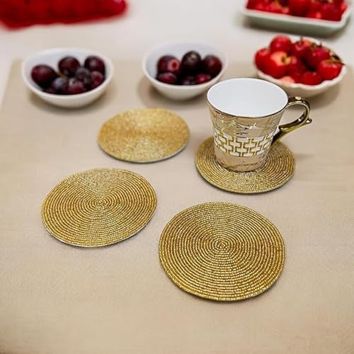 CANVASS® Decorative Handmade Beaded Gold Round Coasters Perfect for Central Table (Dia-10 cms/ 4 inches, Pack of - 6) - Image 2