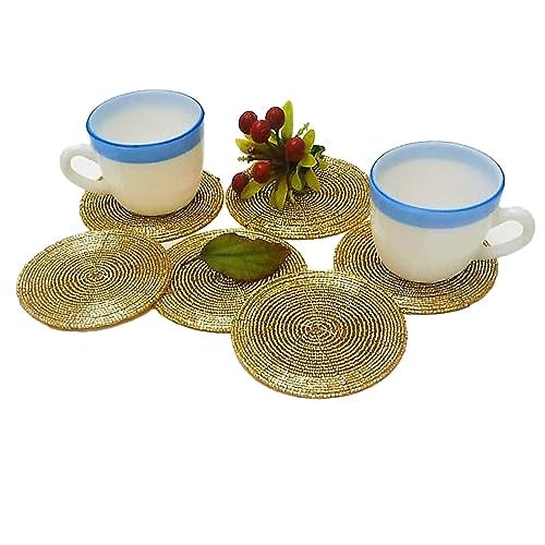 CANVASS® Decorative Handmade Beaded Gold Round Coasters Perfect for Central Table (Dia-10 cms/ 4 inches, Pack of - 6) - Image 1
