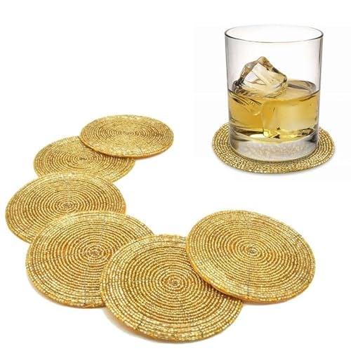 CANVASS® Decorative Handmade Beaded Gold Round Coasters Perfect for Central Table (Dia-10 cms/ 4 inches, Pack of - 6) - Image 3