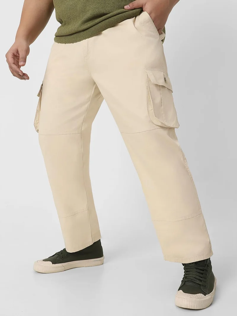 Urbano Fashion  Urbano Plus Men's Cream Regular Fit Solid Cargo Chino Pant with 6 Pockets for Men | Best Price UAE