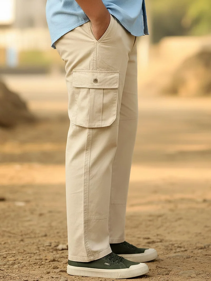 Urbano Plus Men's Cream Regular Fit Solid Cargo Chino Pant with 6 Pockets