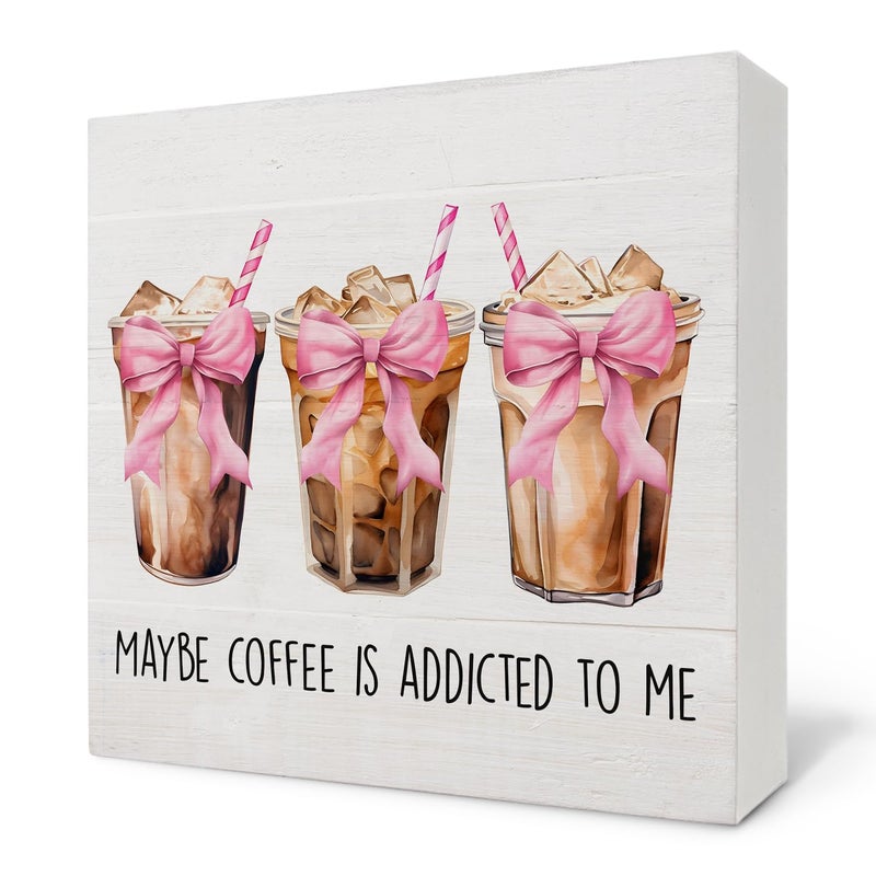 Nvotell Pink Coquette Bow Maybe Iced Coffee Is Addicted to Me Wooden Box Sign, Pink Retro Wood Block Plaque for Coffee Station Shop Bar Desk Shelf Tabletop Decor 5x5 Inch - Image 1