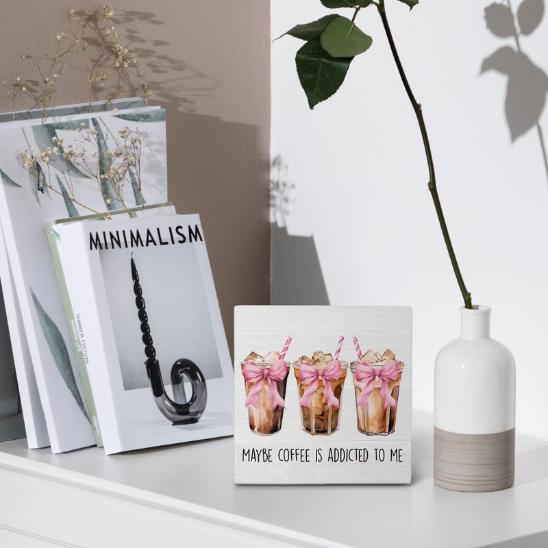 Nvotell Pink Coquette Bow Maybe Iced Coffee Is Addicted to Me Wooden Box Sign, Pink Retro Wood Block Plaque for Coffee Station Shop Bar Desk Shelf Tabletop Decor 5x5 Inch - Image 4