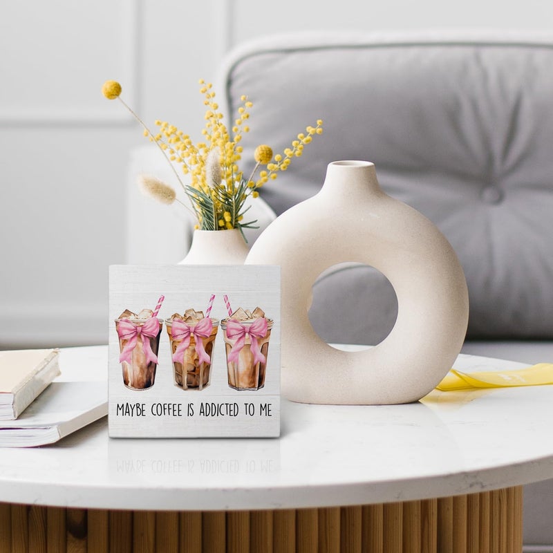 Nvotell Pink Coquette Bow Maybe Iced Coffee Is Addicted to Me Wooden Box Sign, Pink Retro Wood Block Plaque for Coffee Station Shop Bar Desk Shelf Tabletop Decor 5x5 Inch - Image 5