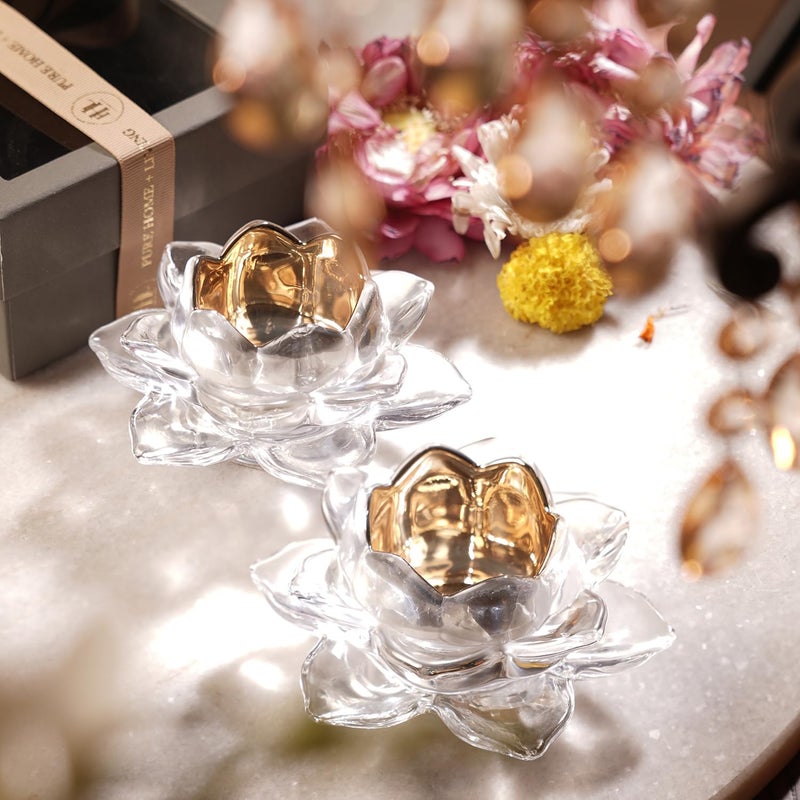 PURE HOME + LIVING Pure Home Living Set of 2 Clear Glass Lotus Shaped Tealight Holders  - Image 2