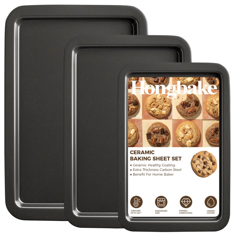 HONGBAKE Ceramic Baking Sheet Pan Set, Cookie Sheet for Oven, Bakeware Sets with Wider Grips, 3 Pack Half/Jelly Roll/Quarter Baking Tray, Premium, Dishwasher Safe - Dark Grey - Image 1