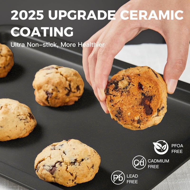 HONGBAKE Ceramic Baking Sheet Pan Set, Cookie Sheet for Oven, Bakeware Sets with Wider Grips, 3 Pack Half/Jelly Roll/Quarter Baking Tray, Premium, Dishwasher Safe - Dark Grey - Image 4