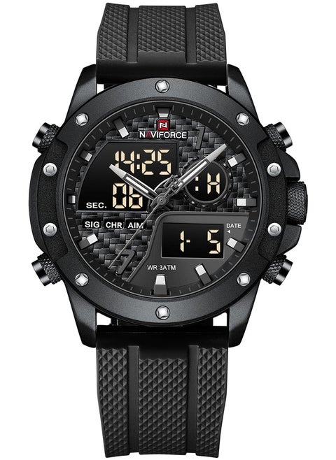 Mens Black Dial Black Case Black Rubber Strap Watch Analog Digital Quartz Waterproof Chronograph with Dual Display