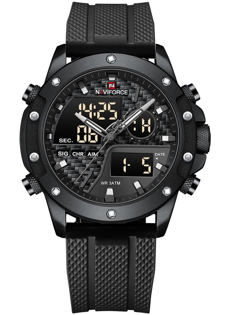 Mens Black Dial Black Case Black Rubber Strap Watch Analog Digital Quartz Waterproof Chronograph with Dual Display