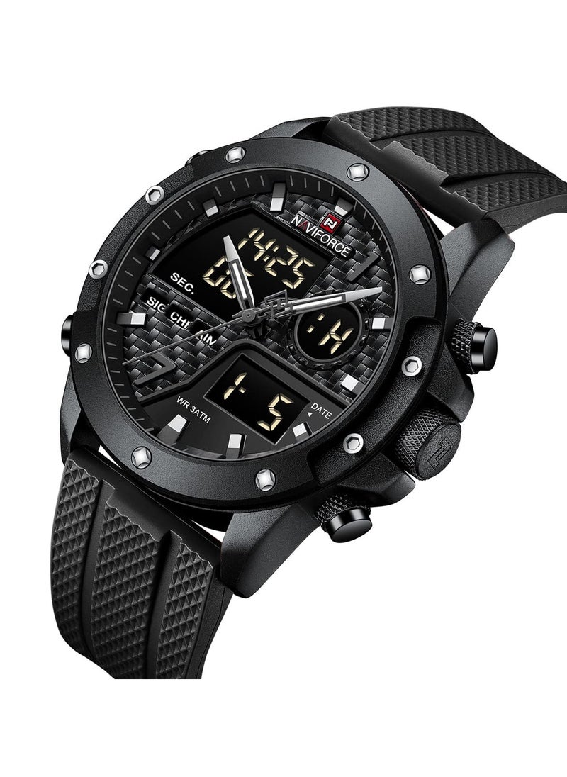 Mens Black Dial Black Case Black Rubber Strap Watch Analog Digital Quartz Waterproof Chronograph with Dual Display