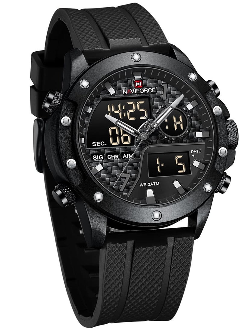 Mens Black Dial Black Case Black Rubber Strap Watch Analog Digital Quartz Waterproof Chronograph with Dual Display