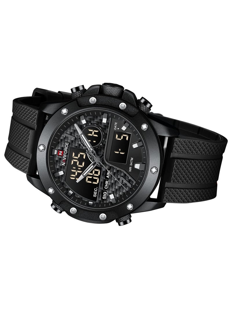 Mens Black Dial Black Case Black Rubber Strap Watch Analog Digital Quartz Waterproof Chronograph with Dual Display