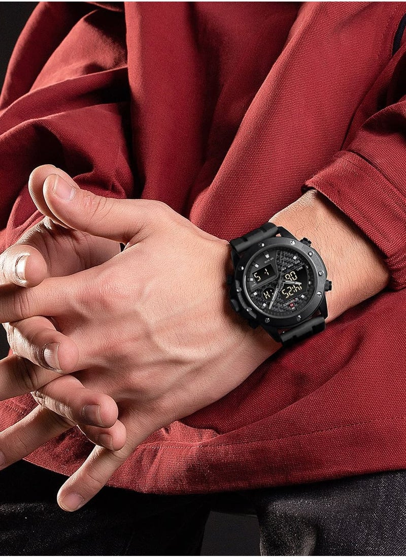Mens Black Dial Black Case Black Rubber Strap Watch Analog Digital Quartz Waterproof Chronograph with Dual Display