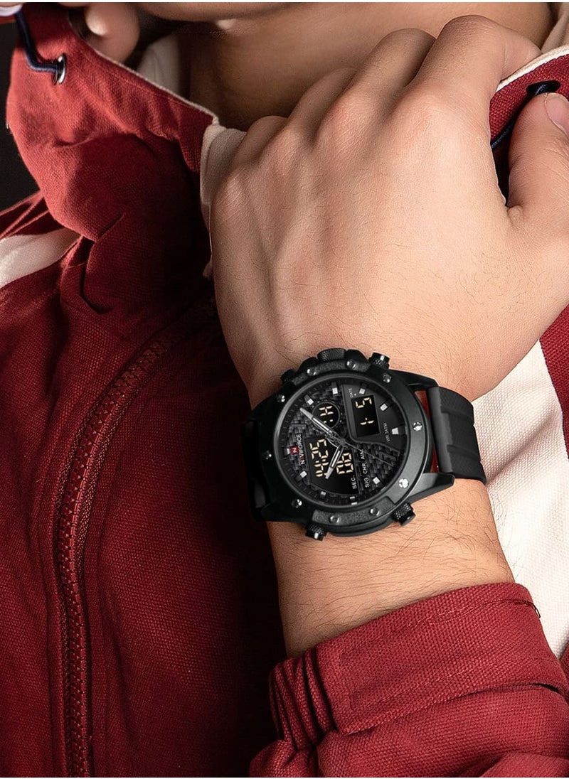 Mens Black Dial Black Case Black Rubber Strap Watch Analog Digital Quartz Waterproof Chronograph with Dual Display