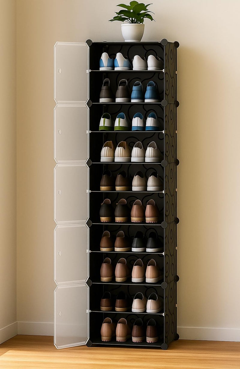 Zemic Plastic Shoe Rack for Home | 𝟓-𝐃𝐨𝐨𝐫_𝟏𝟎-𝐒𝐡𝐞𝐥𝐟 Portable Shoe Organizer with Doors for Heels, Boots, Slippers & Chappals Sandals Shoe Stand | DIY Multipurpose 𝐁𝐥𝐚𝐜𝐤 Storage Rack - Image 1