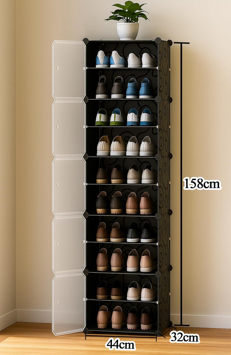 Zemic Plastic Shoe Rack for Home | 𝟓-𝐃𝐨𝐨𝐫_𝟏𝟎-𝐒𝐡𝐞𝐥𝐟 Portable Shoe Organizer with Doors for Heels, Boots, Slippers & Chappals Sandals Shoe Stand | DIY Multipurpose 𝐁𝐥𝐚𝐜𝐤 Storage Rack - Image 2