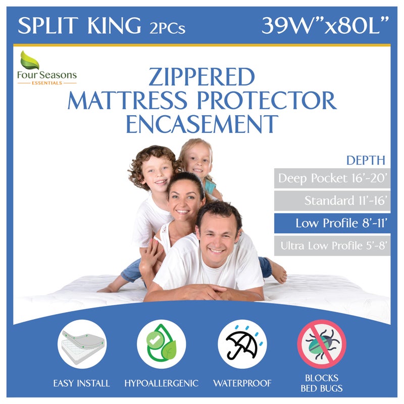 Four Seasons Essentials Split California King 2PC Mattress or Box Spring Encasement 811 Depth Waterproof Zippered Protector Hypoallergenic Premium Bedbug Cover Protects from Dust White 