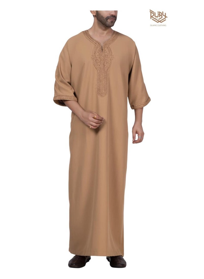 روبي للملابس الإسلامية ثوب مغربي للرجال - قفطان مزخرف برقبة دائرية وأكمام نصفية جلابية للرجال قندورة