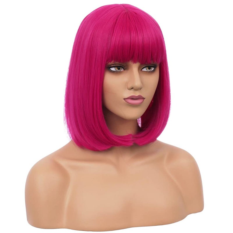RightOn 12 Inches Hot Pink Wig Short Bob Wig Hot Pink Short Straight Wig Bob Wig with Bangs Synthetic Bob Wigs for Daily or Party Wig Cap Include