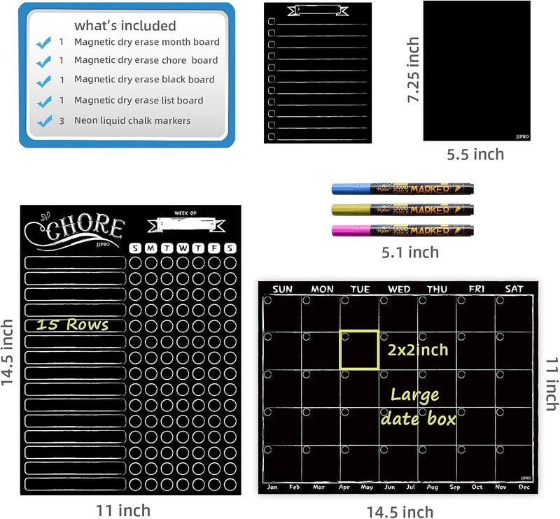 JJPRO Magnetic Chalkboard Monthly Calendar - Reward Chore Chart Blackboard Combo Set with Neon Bright Liquid Chalk Markers - Bonus Grocery List and Notepad Blackboard for Refrigerator Included - Image 2