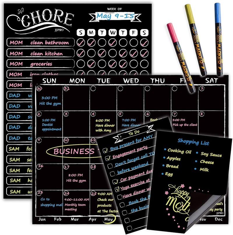 JJPRO Magnetic Chalkboard Monthly Calendar - Reward Chore Chart Blackboard Combo Set with Neon Bright Liquid Chalk Markers - Bonus Grocery List and Notepad Blackboard for Refrigerator Included - Image 1
