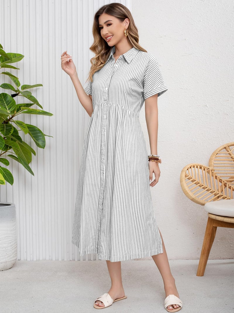 ebossy Women's Boho Striped Shirt Dress Button Up Side Slit Loose Mid Long Cotton Dress with Pockets (XS, White) - Image 4