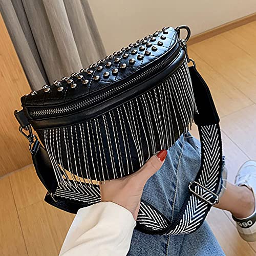 Minache Women Rivet Metal Tassel Faux Leather Fanny Pack Waist Bag Chest Bag Crossbody Shoulder Bag - Image 4