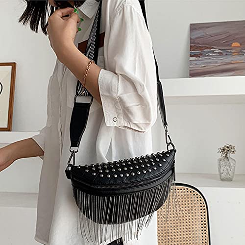 Minache Women Rivet Metal Tassel Faux Leather Fanny Pack Waist Bag Chest Bag Crossbody Shoulder Bag - Image 3