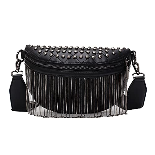 Minache Women Rivet Metal Tassel Faux Leather Fanny Pack Waist Bag Chest Bag Crossbody Shoulder Bag - Image 1
