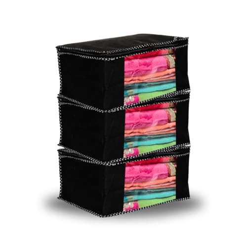 BB BACKBENCHERS Non-Woven Saree Cover/Bags/Organizer For Wardrobe - Foldable Saree Covers ith Zip, Multipurpose Storage Bag For Suit, Lehanga, Dress Packing With Transparent Window, Pack of 3 - Image 1